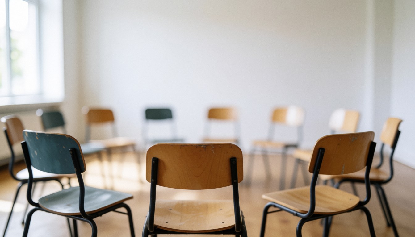 Empty classroom with wooden chairs in a circle, natural light, blurred background, ideal for Spanish class text overlay