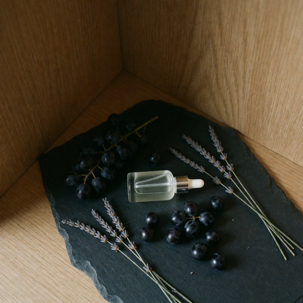 Glass dropper bottle of facial serum surrounded by black grapes and dried lavender sprigs on a black stone with soft lighting
