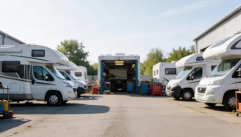 Out of focus background of an outdoor camper repair facility with parked vehicles and visible tools in the distance, suitable for text overlay