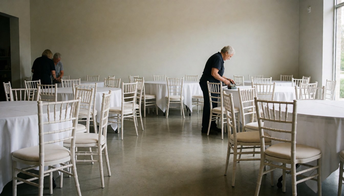 A woman adjusts a white tablecloth on a round table with white chairs in an event hall with polished concrete floors and neutral walls.