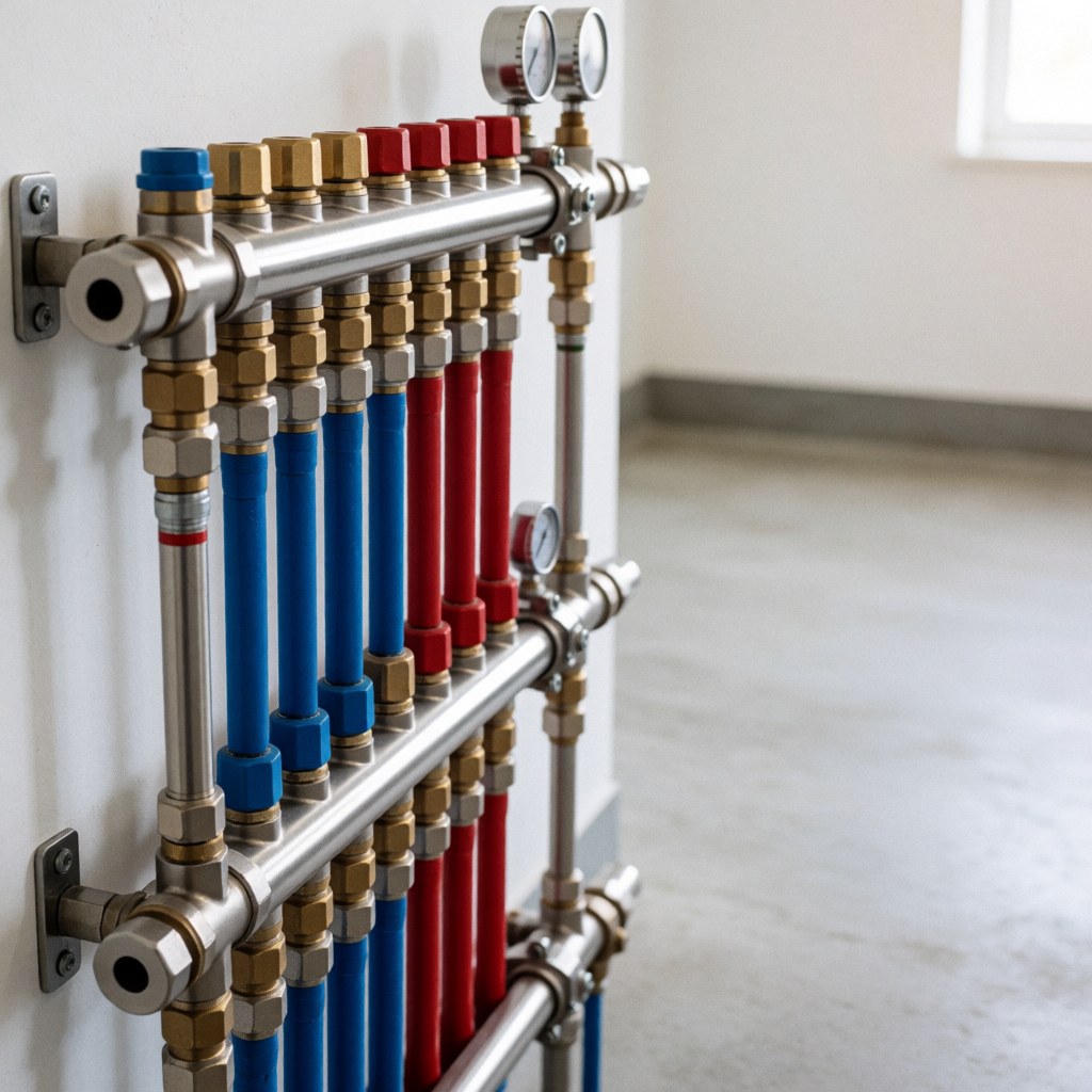 Wall-mounted heating manifold featuring red and blue pipes, shiny metal connections, and gauges against a white background.