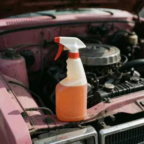 Orange cleaning bottle with white and red nozzle resting on a dirty metallic engine edge near pink walls, suitable for car wash services