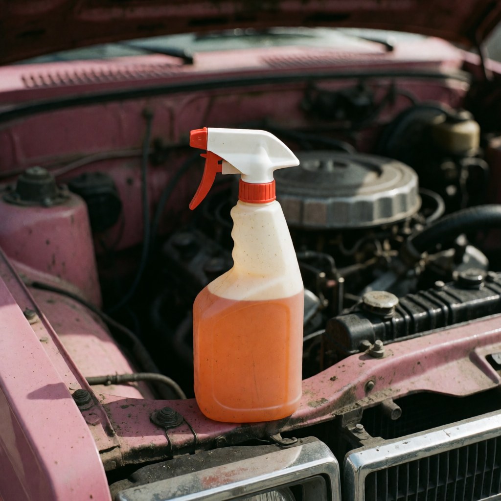 Orange cleaning bottle with white and red nozzle resting on a dirty metallic engine edge near pink walls, suitable for car wash services