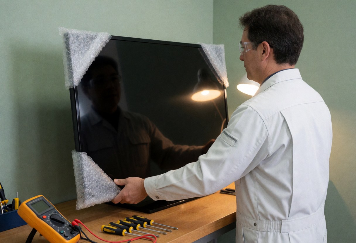 Technician in white uniform lifts a bubble-wrapped TV on a wooden table with tools and a multimeter under warm lighting.