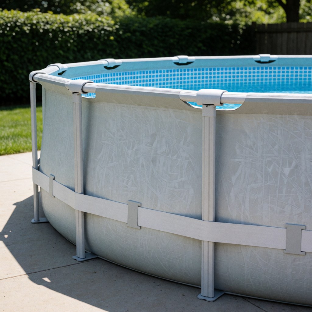 Empty metal pool frame structure installed on a patio with natural lighting, ideal for pool installers showcasing prefabricated outdoor pool installations.