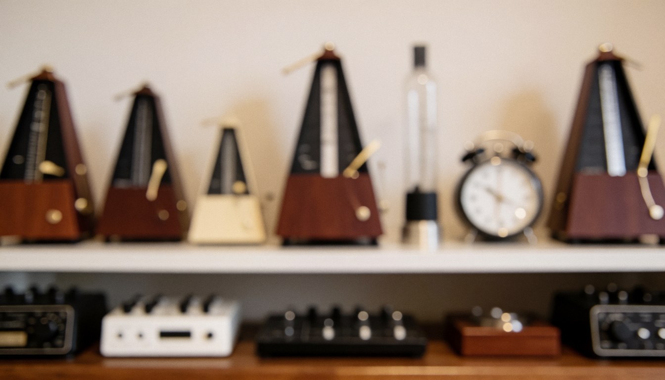 A wooden shelf holding metronomes, clocks, and musical accessories with a warm bokeh background for rhythm and discipline text.