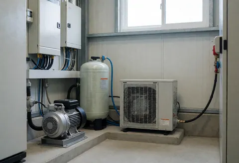 Pool installation equipment including pump, tank, and air conditioning unit in a service room with paneled walls and a window.