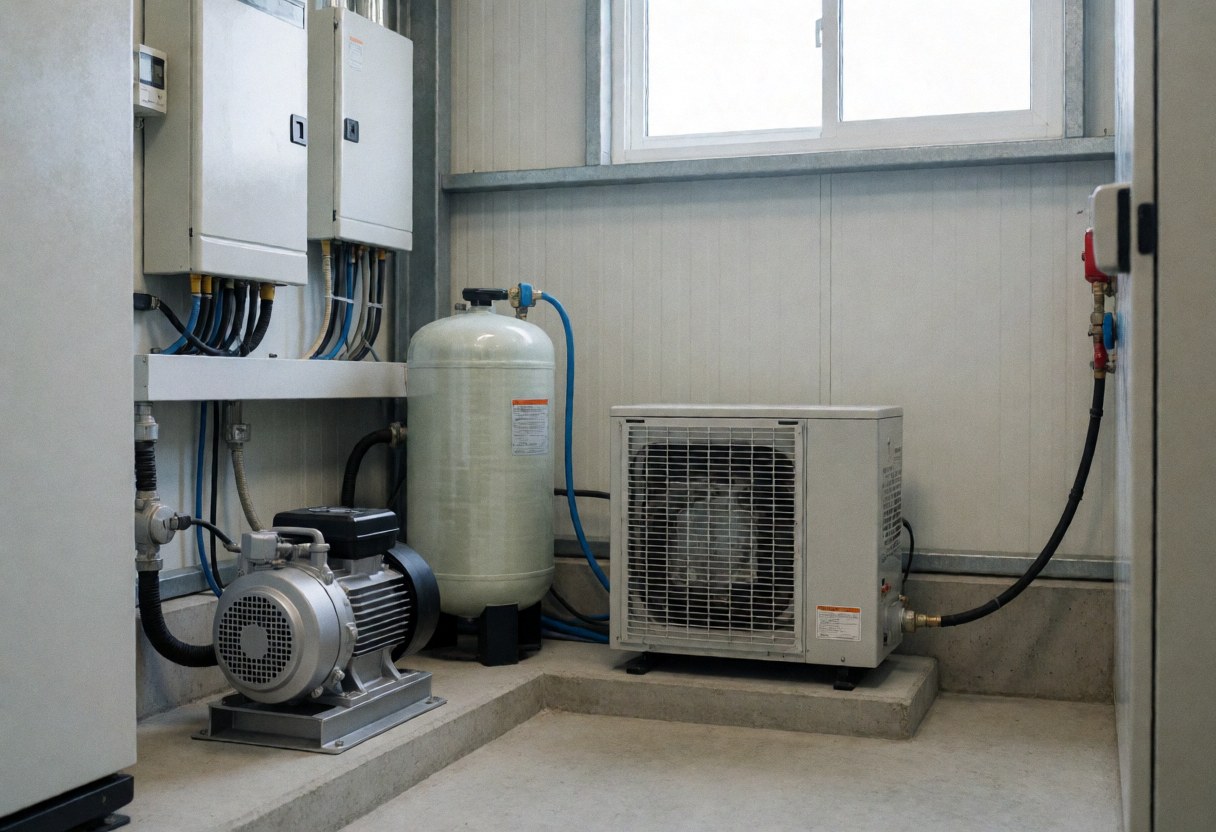 Pool installation equipment including pump, tank, and air conditioning unit in a service room with paneled walls and a window.