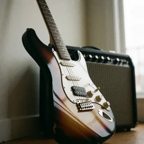 Glossy solid-body electric guitar leaning against a wall next to an amplifier, suitable for music studios and academies.