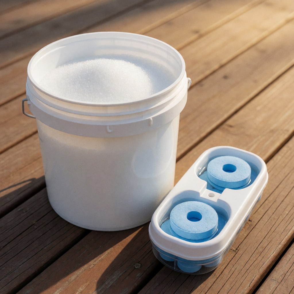 White bucket containing granular chlorine and a dispenser with blue tablets placed on a wooden surface under warm sunlight