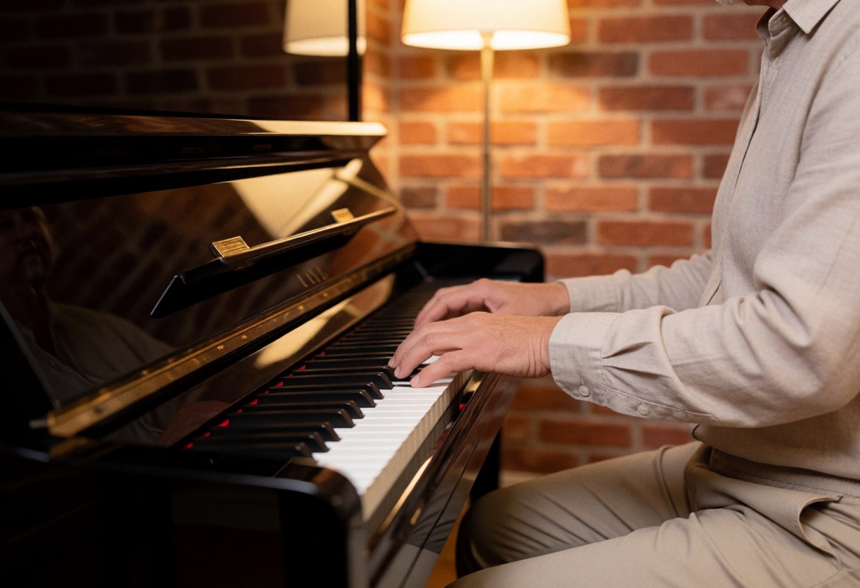 Close-up of hands playing piano keys in a studio with warm lighting and exposed brick walls, creating a professional and cozy atmosphere for music lessons.