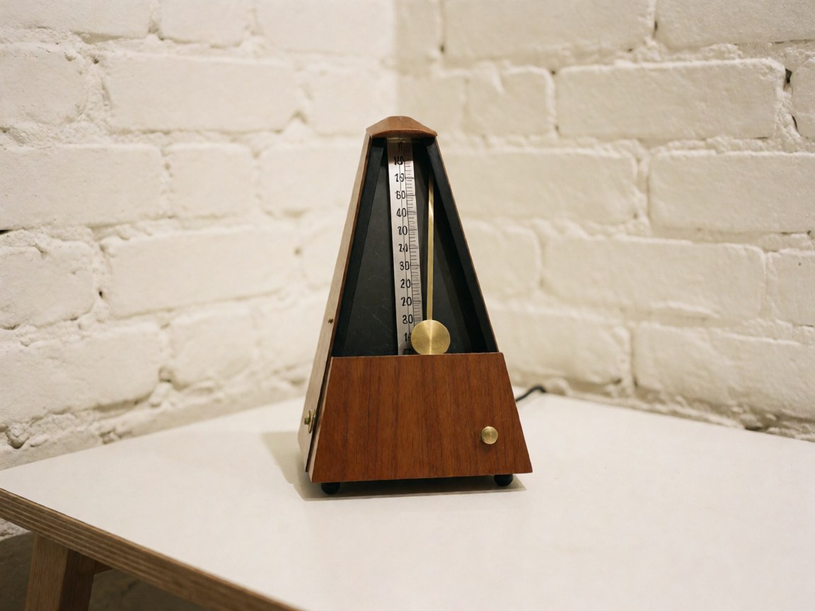 Close-up of a wooden metronome with a brass pendulum on a white table against a white brick wall