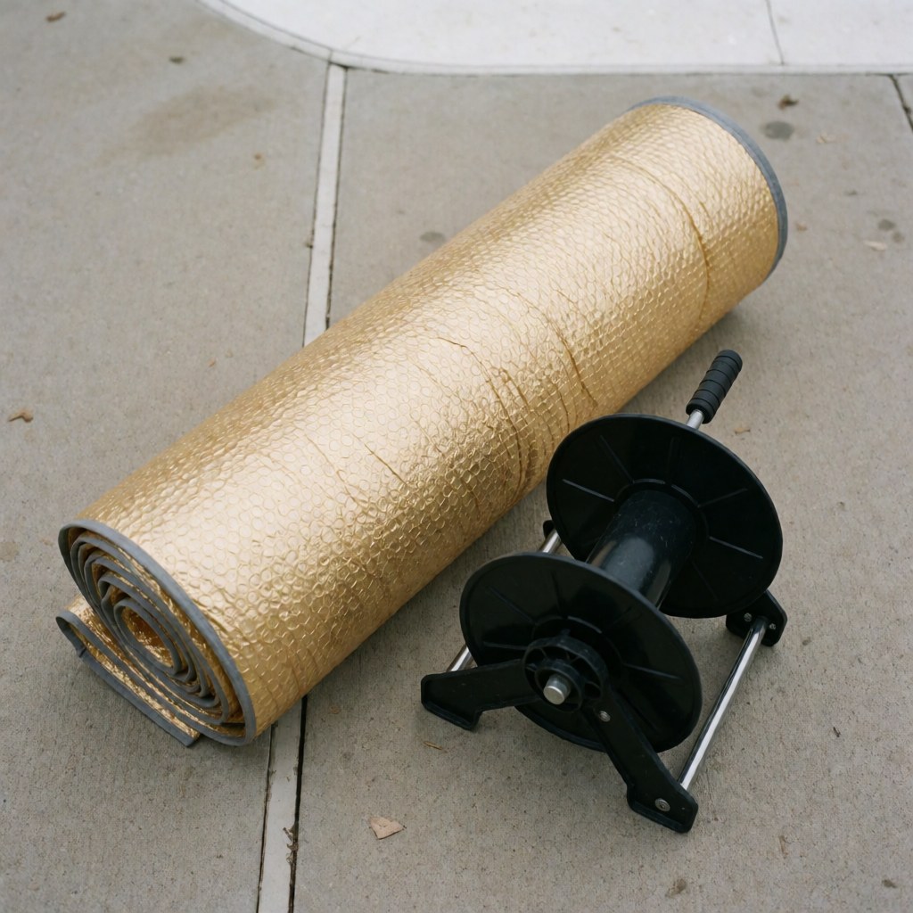 Rolled golden textured thermal pool cover ready to unroll next to its black reel on a concrete surface