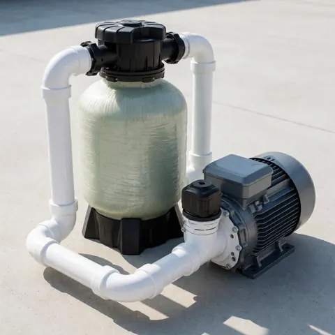 Sand filter and pool pump with PVC pipes on concrete under bright natural light