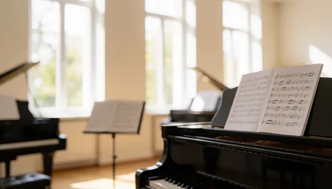 Black pianos with sheet music on stands in a music room with natural light from windows, creating a serene and professional atmosphere for music studies.
