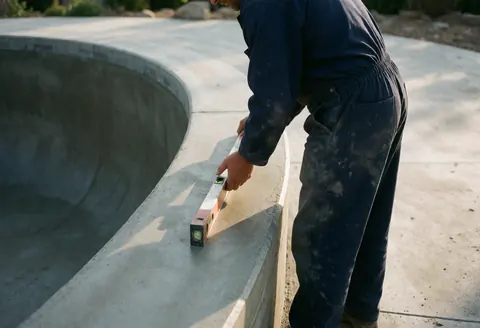 Worker in blue overalls using a level on a new concrete pool edge during sunset, highlighting texture and precision.