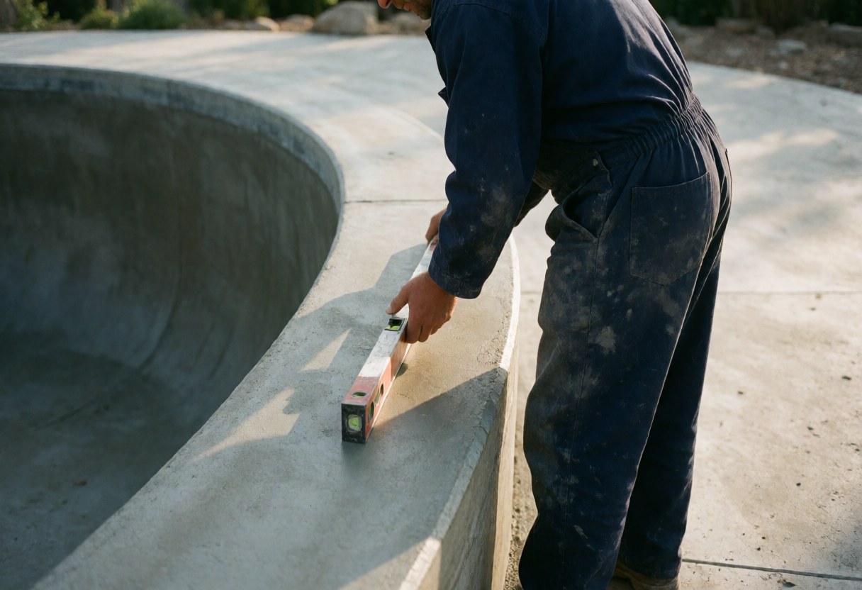 Worker in blue overalls using a level on a new concrete pool edge during sunset, highlighting texture and precision.