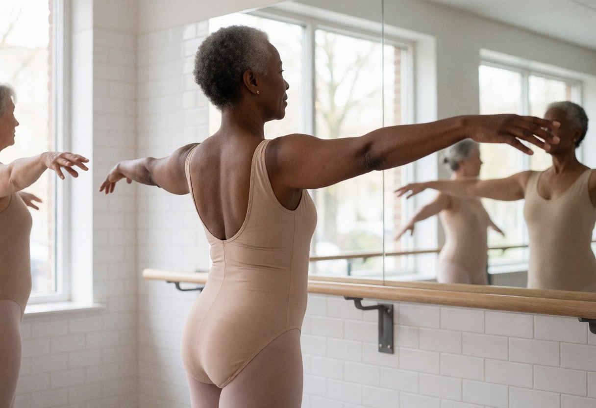 A woman practices ballet in a studio with white tiled walls, natural light, and a wooden barre.