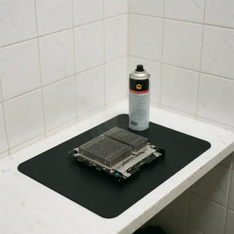 Clean computer case with shiny metal heatsink and fan on black mat next to compressed air can on white tiled counter