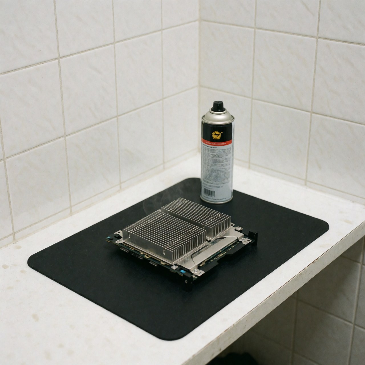 Clean computer case with shiny metal heatsink and fan on black mat next to compressed air can on white tiled counter