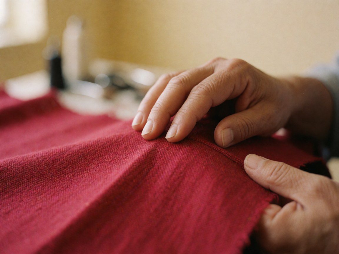 Close-up of a tailor's hand touching red fabric with sewing tools and textured details in a warm, professional workshop setting