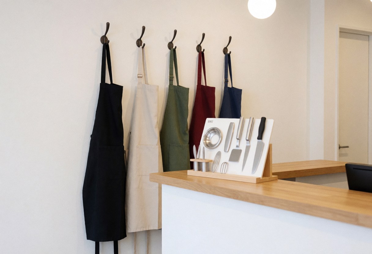 Dark and light colored kitchen aprons hanging on hooks against a white wall with wooden countertop and cooking tools nearby