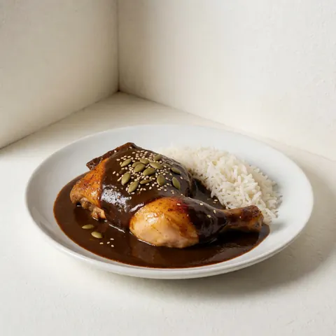 Roasted chicken covered in dark mole sauce served with white rice and topped with pumpkin and sesame seeds on a white plate against a white wall corner