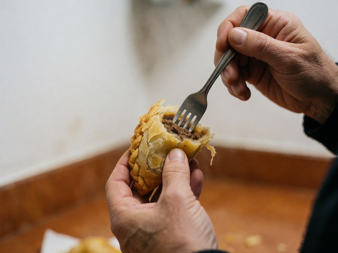 Close-up of a hand using a fork to break open a golden empanada, revealing juicy meat filling with a blurred kitchen background.