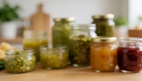Warm-toned background featuring glass jars of preserves, jams, and canned vegetables on a wooden surface, suitable for cooking class text overlays