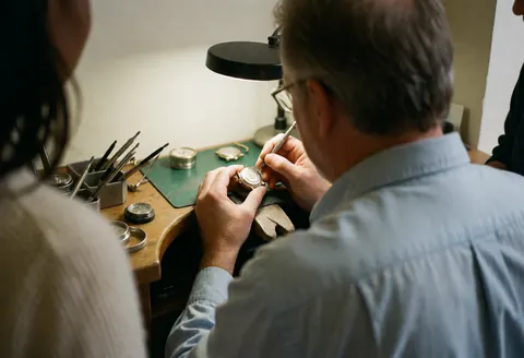 Back view of a watch technician repairing a watch with focused lighting and tools on a workbench