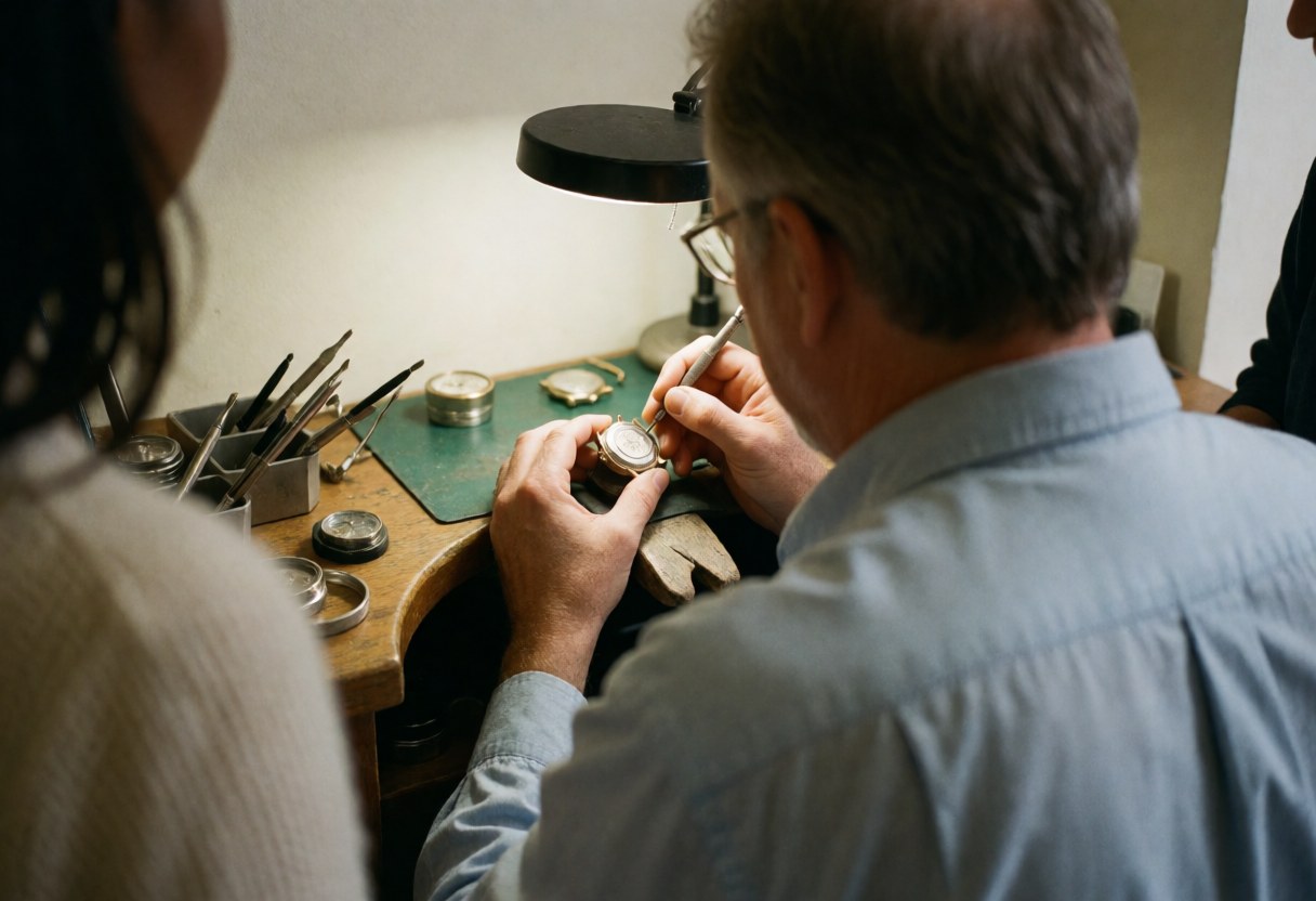 Back view of a watch technician repairing a watch with focused lighting and tools on a workbench