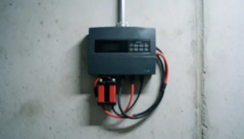 Gray security alarm control panel mounted on a concrete wall with visible red and black wiring for repair services