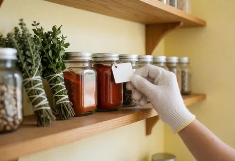 Close-up of a gloved hand adjusting a white label on a red paprika jar on a wooden shelf with herbs.