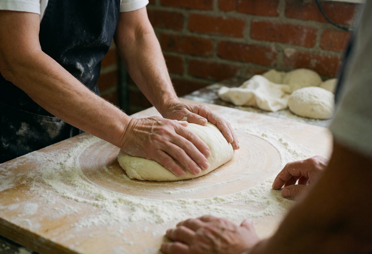 Professional hands kneading dough on a floured wooden board with a red brick wall background in a kitchen workshop setting