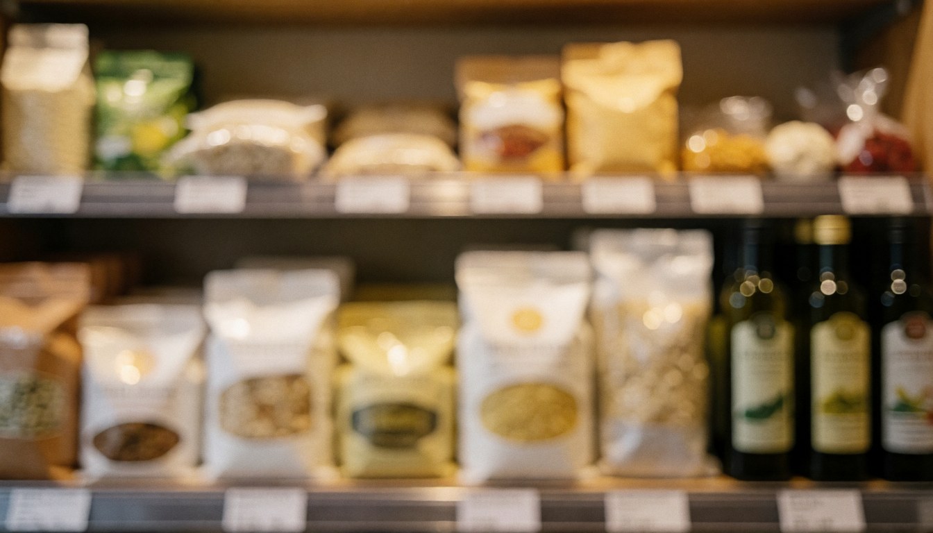 Blurred background of a wooden shelf holding flour bags and olive oil bottles with warm lighting, suitable for text overlay