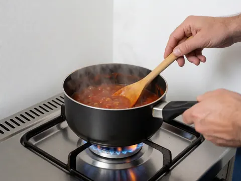 A hand stirs boiling tomato sauce in a black pan on a gas stove with a blue and orange flame against a white wall and stainless steel surface.