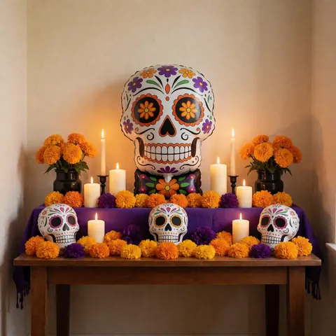 Day of the Dead altar featuring an inflatable skull, marigold flowers, lit candles, and decorative skulls on a wooden table.