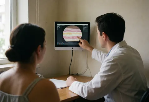 Technician in white coat points to monitor displaying skin layers while patient sits nearby in consultation room