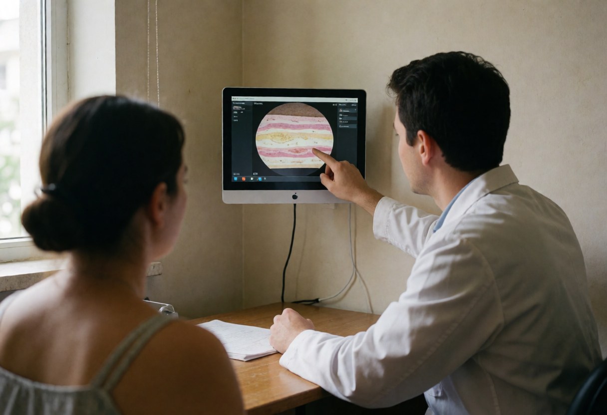 Technician in white coat points to monitor displaying skin layers while patient sits nearby in consultation room