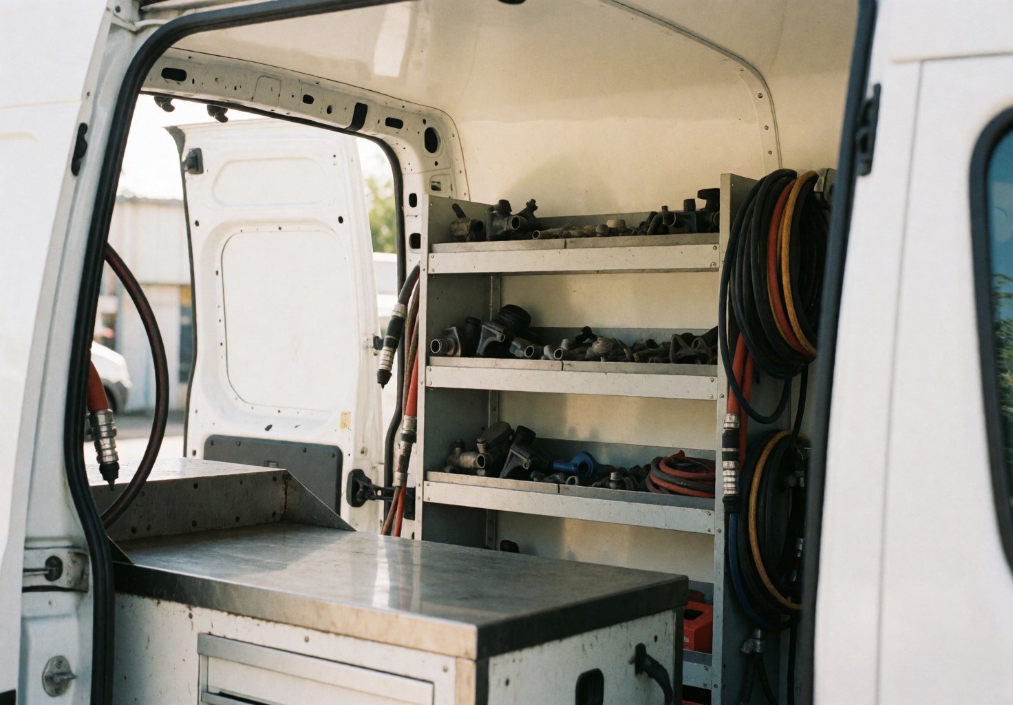 Organized interior of a white service van featuring metal shelves, pipes, and washing machine repair tools illuminated by natural light