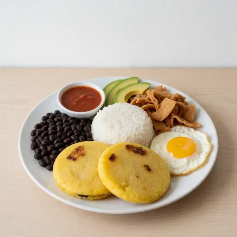 Top view of a colombian bandeja paisa served on a white plate with arepas, rice, beans, fried egg, avocado, and pork rinds on a light wooden table