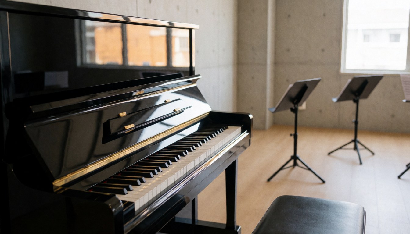 Shiny black grand piano with visible keys, light wood floor, and music stands in a concrete-walled music studio.