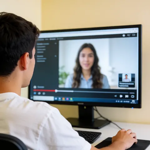Student viewing online coding class on large monitor with hand on mouse in beige study room