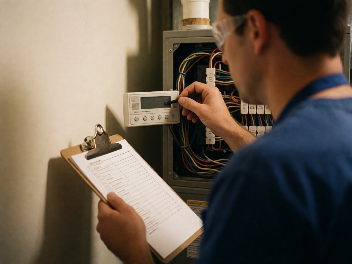 Technician with safety glasses checking a heating panel using a checklist against a light wall.