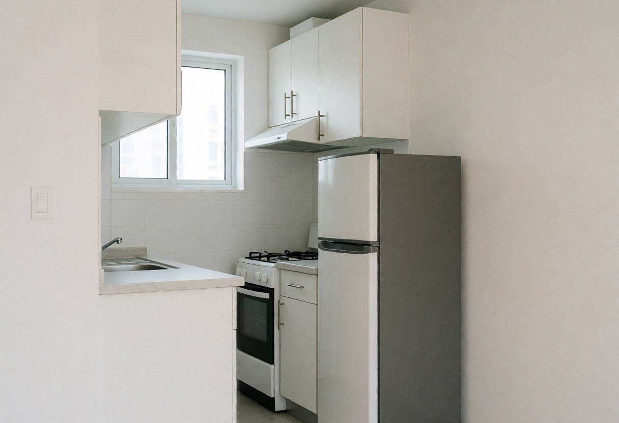 Small modern apartment kitchen featuring white cabinets, a refrigerator, a stove, and a window with natural light