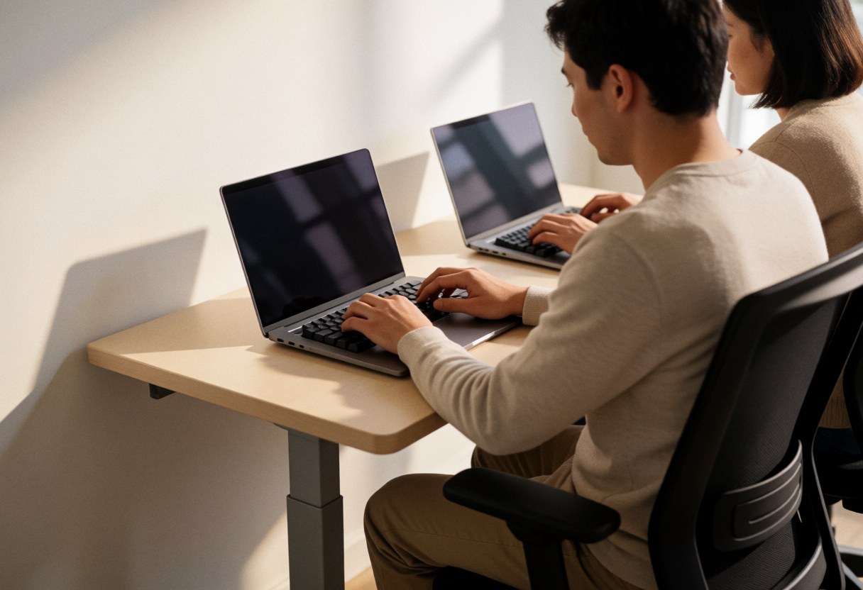 Two adults seated on ergonomic chairs working on laptops at a light wood table with natural window light and white walls