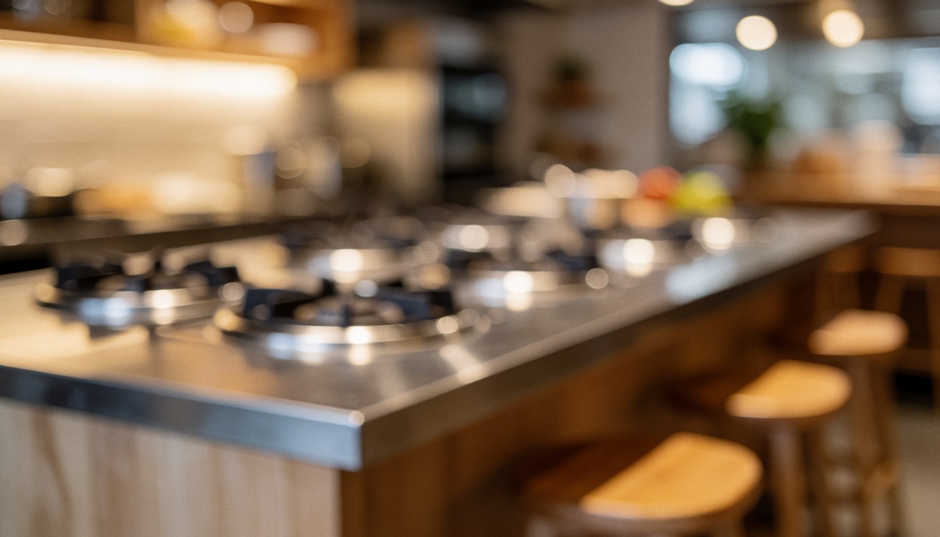Blurred background of a modern kitchen island with stainless steel burners and wooden stools, featuring warm lighting and a cozy atmosphere suitable for text overlay.
