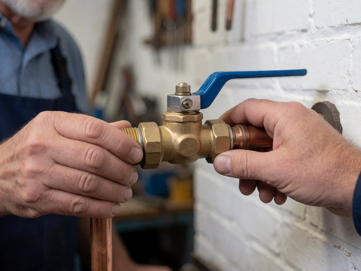 Close-up of a hand turning the blue handle of a brass valve connected to copper piping in a workshop with a white brick wall.