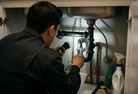 Plumber in dark uniform using flashlight and wrench to adjust copper pipe and p-trap under sink with gray walls and cleaning products visible