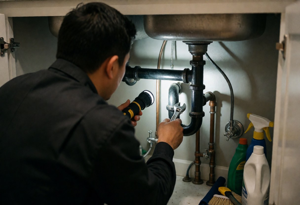 Plumber in dark uniform using flashlight and wrench to adjust copper pipe and p-trap under sink with gray walls and cleaning products visible